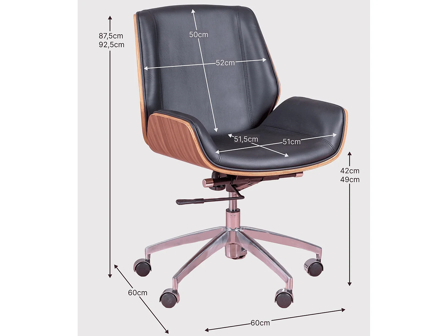 Chaise de bureau en bois de noyer et recouverte de cuir italien - Nordic - Noir