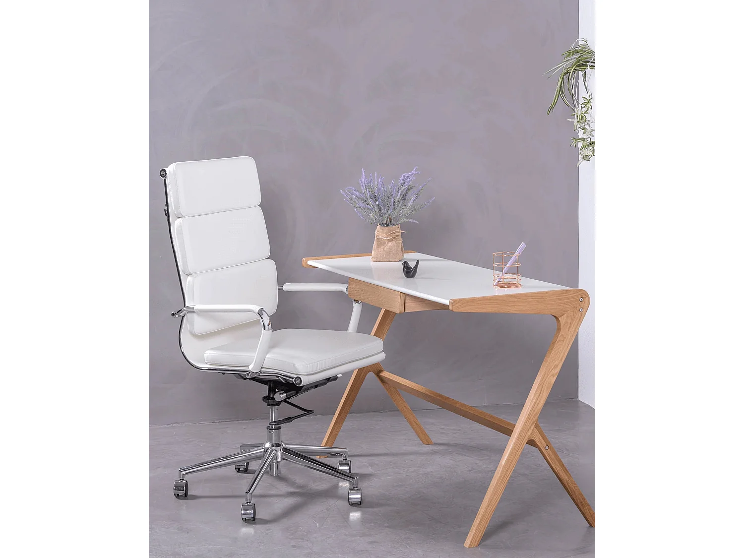 Chaise de bureau à roulettes et dossier haut rembourré en simili cuir - Alu S - Blanc