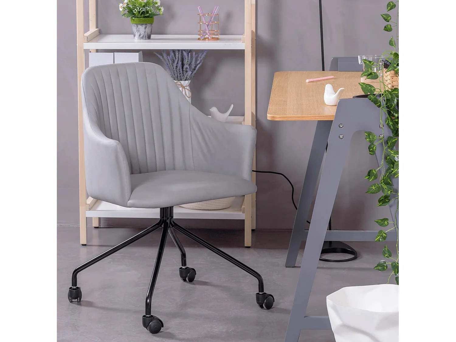 Chaise de bureau rembourrée en tissu vintage - Skyline - Gris clair