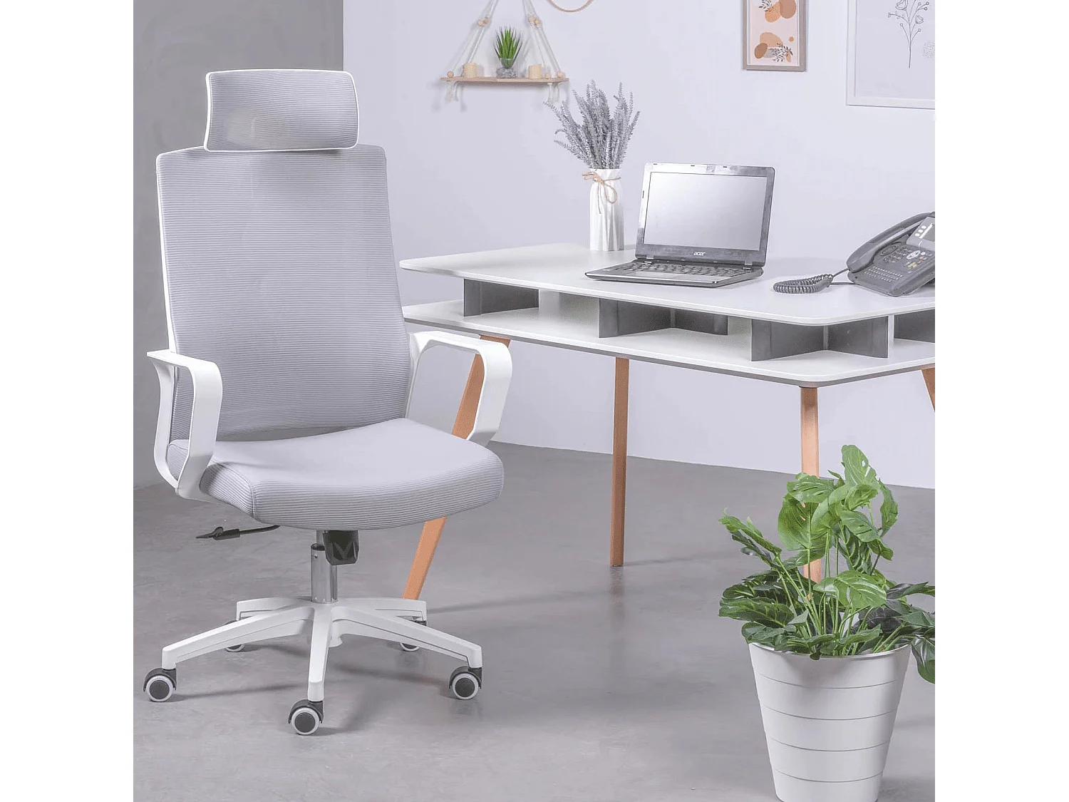Chaise de bureau ergonomique en mesh respirante et appui-tête réglable - Mesh - Gris clair