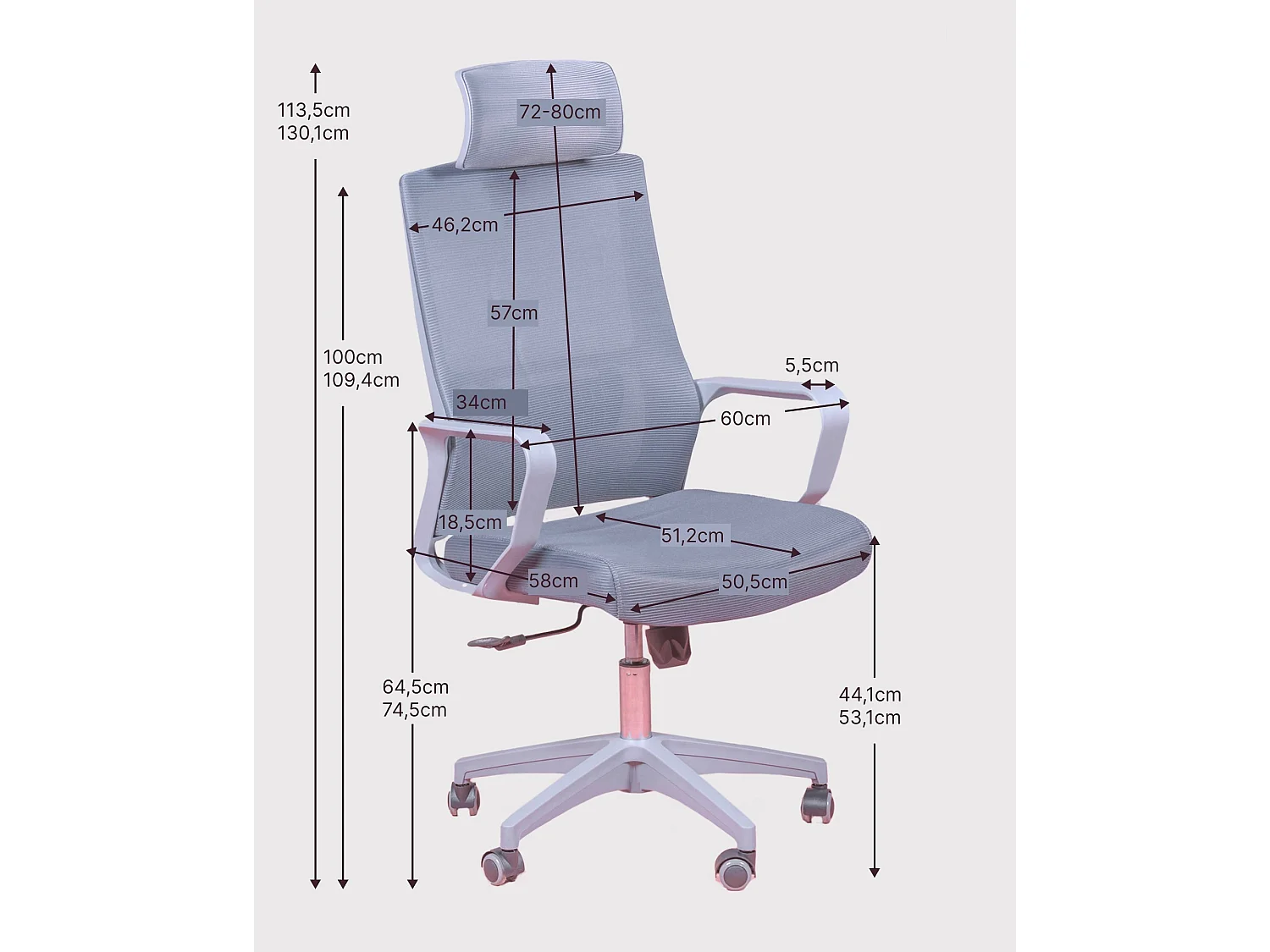 Chaise de bureau ergonomique en mesh respirante et appui-tête réglable - Mesh - Gris clair