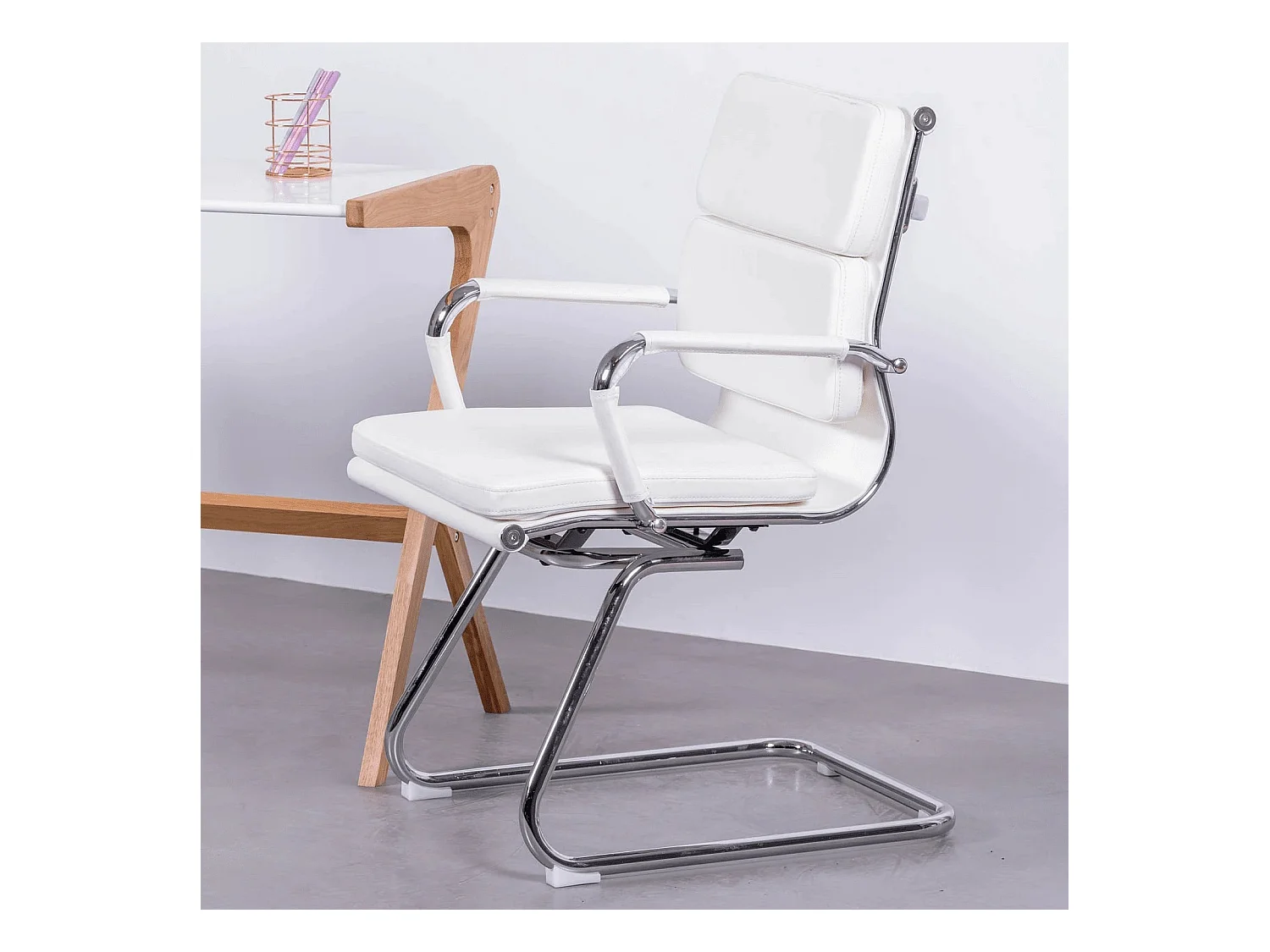 Chaise de bureau sans roulettes avec dossier bas et revêtement en similicuir - Alu S - Blanc