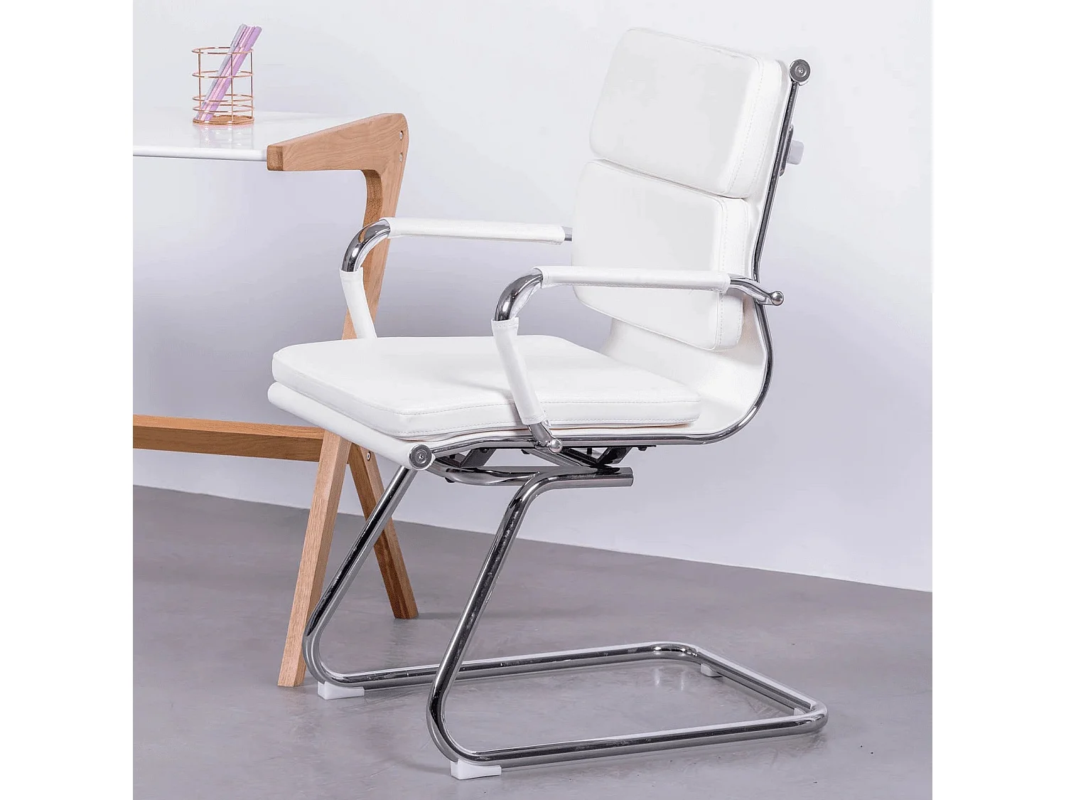 Chaise de bureau sans roulettes avec dossier bas et revêtement en similicuir - Alu S - Blanc