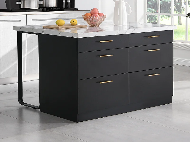 Ilot central de cuisine avec 6 tiroirs en MDF et métal - Noir et Effet Marbre blanc - ALEGRITA
