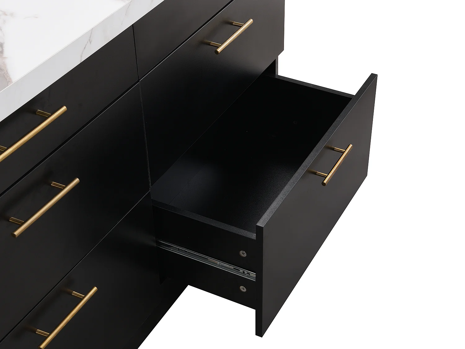 Ilot central de cuisine avec 6 tiroirs en MDF et métal - Noir et Effet Marbre blanc - ALEGRITA