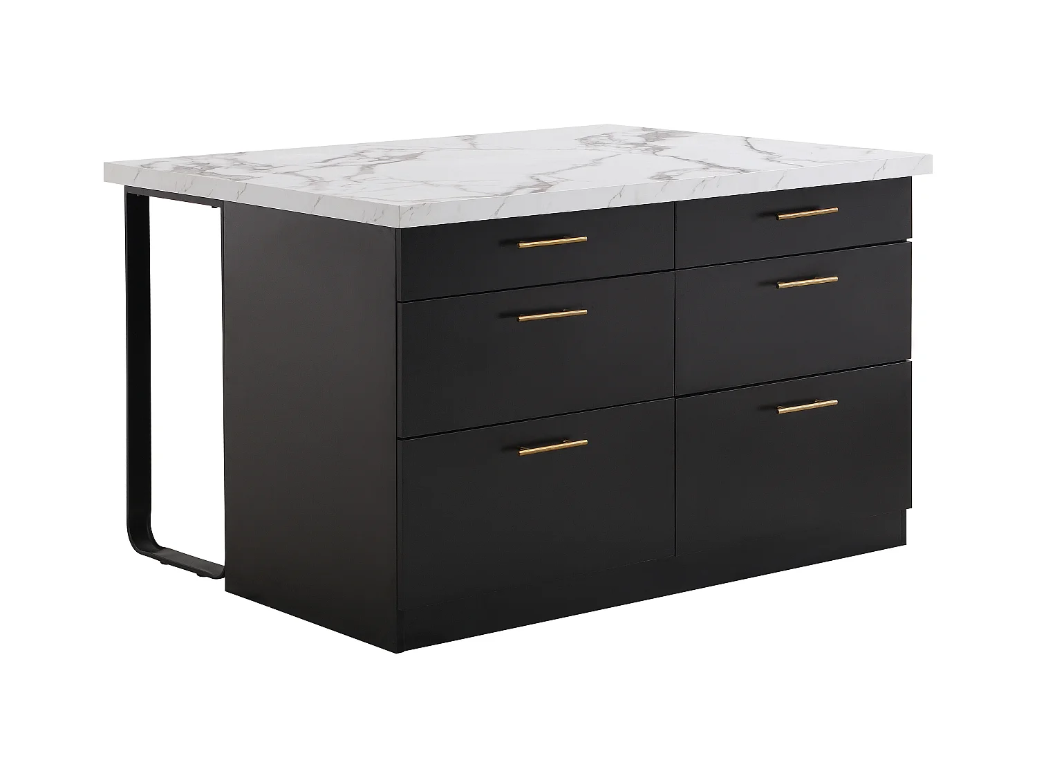 Kücheninsel mit 6 Schubladen aus MDF & Metall - Schwarz & Marmor-Optik weiß - ALEGRITA