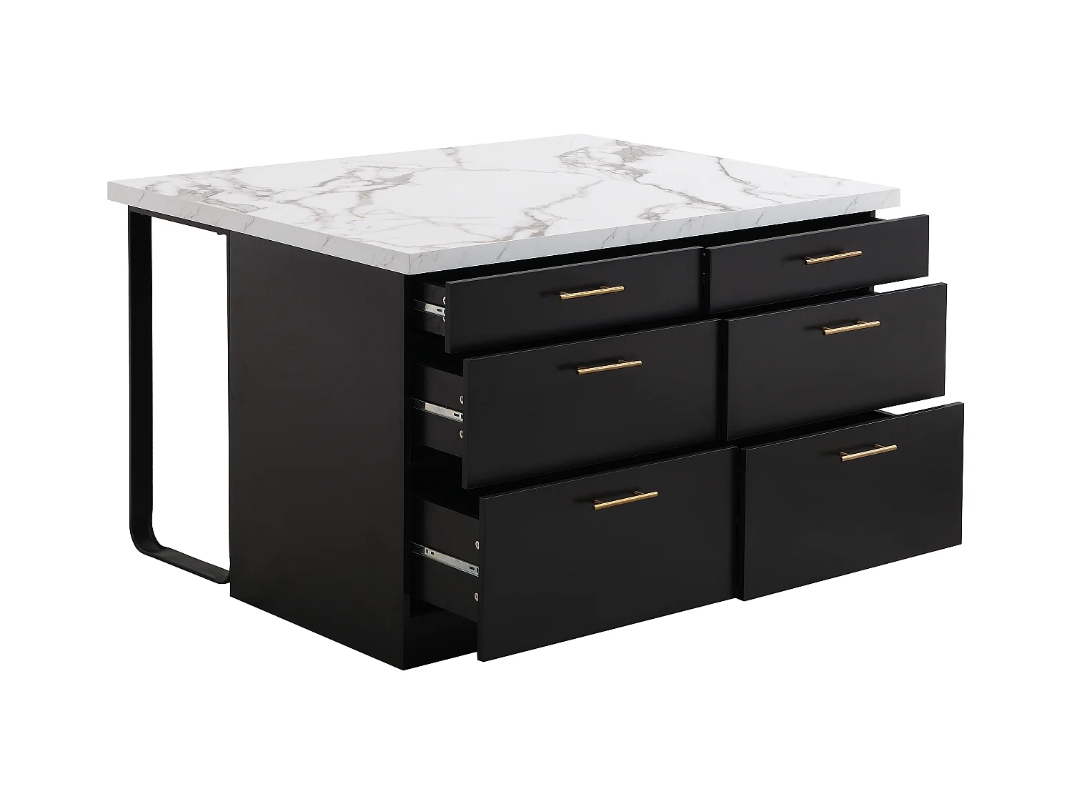 Kücheninsel mit 6 Schubladen aus MDF & Metall - Schwarz & Marmor-Optik weiß - ALEGRITA