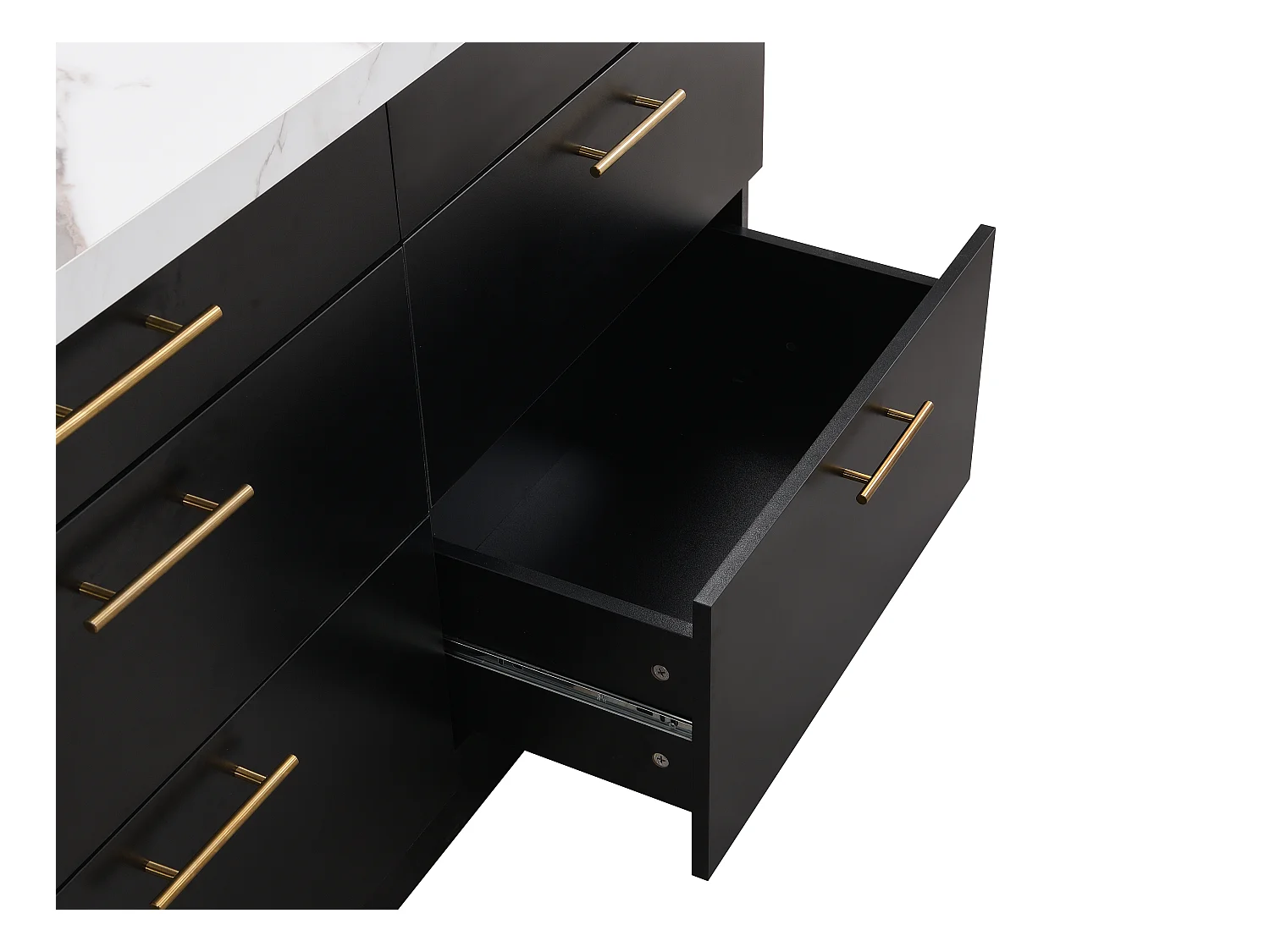 Kücheninsel mit 6 Schubladen aus MDF & Metall - Schwarz & Marmor-Optik weiß - ALEGRITA