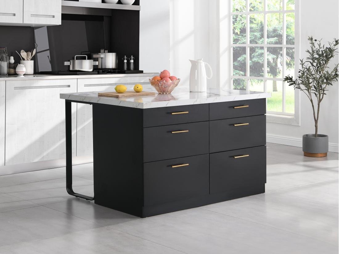 vente unique Ilot central de cuisine avec 6 tiroirs en MDF et métal - Noir et Effet Marbre blanc - ALEGRITA