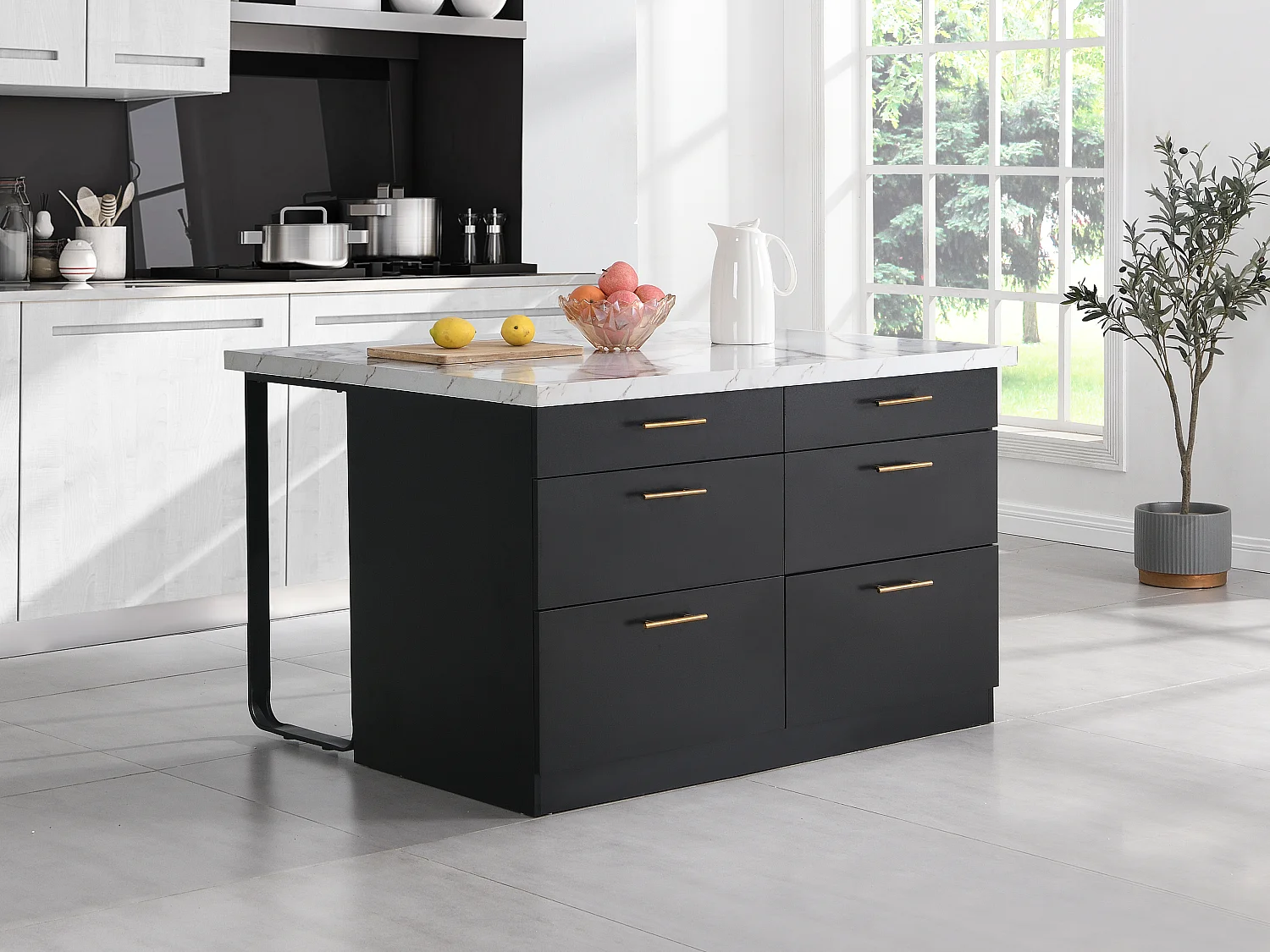 Isla de cocina con 6 cajones de MDF y metal - Negro y efecto Mármol blanco - ALEGRITA