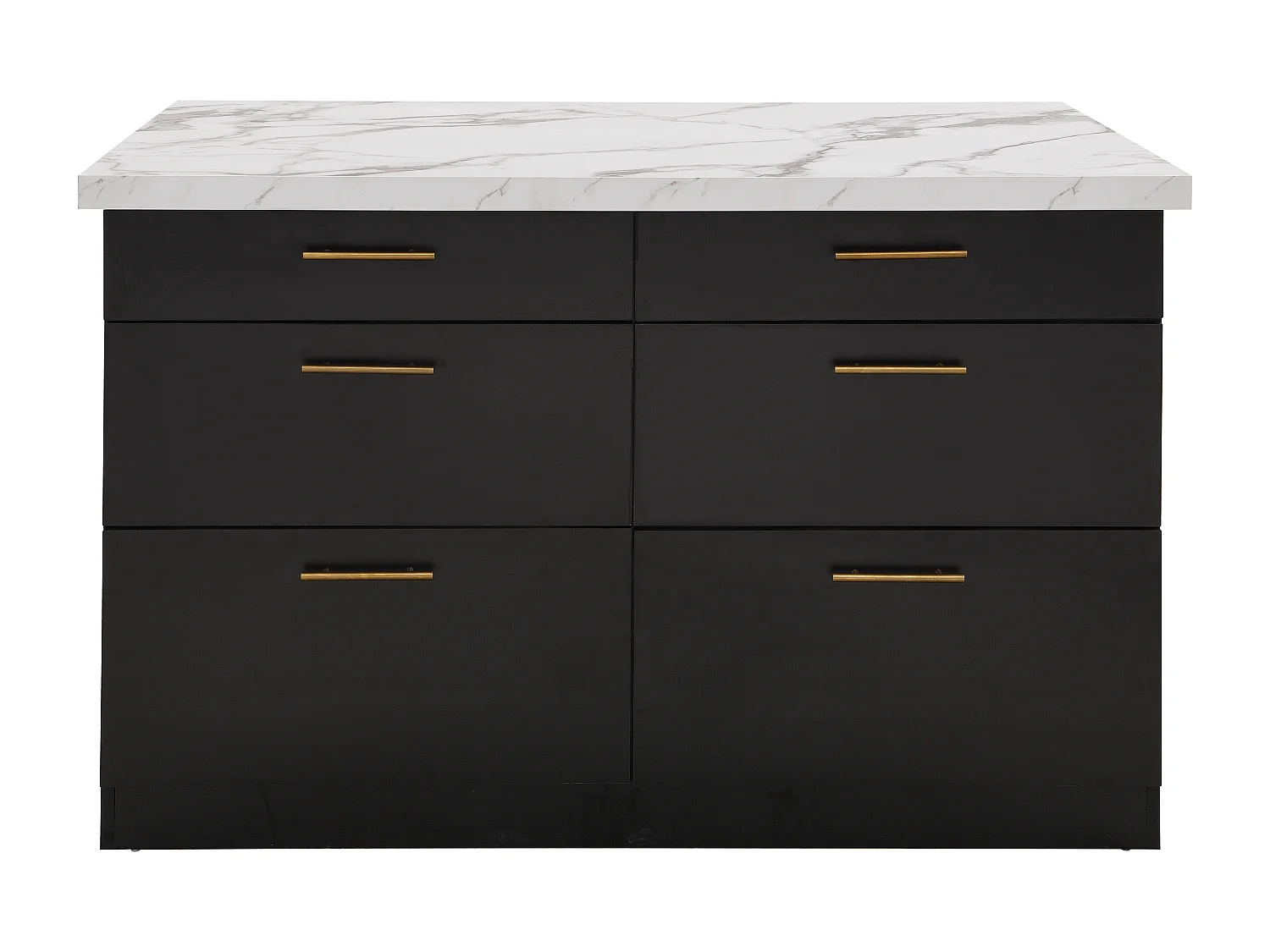 Isla de cocina con 6 cajones de MDF y metal - Negro y efecto Mármol blanco - ALEGRITA