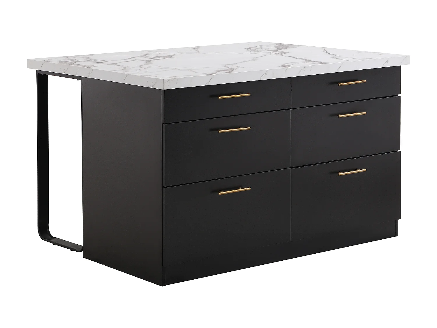 Isla de cocina con 6 cajones de MDF y metal - Negro y efecto Mármol blanco - ALEGRITA