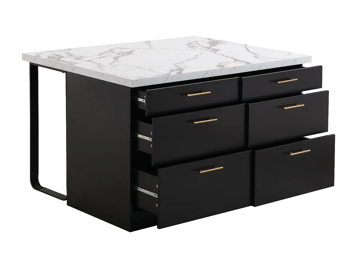 Isla de cocina con 6 cajones de MDF y metal - Negro y efecto Mármol blanco - ALEGRITA