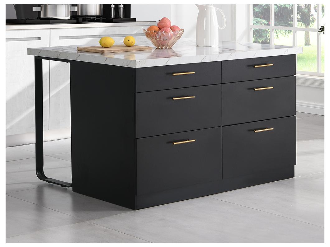Isla de cocina con 6 cajones de MDF y metal - Negro y efecto Mármol blanco - ALEGRITA