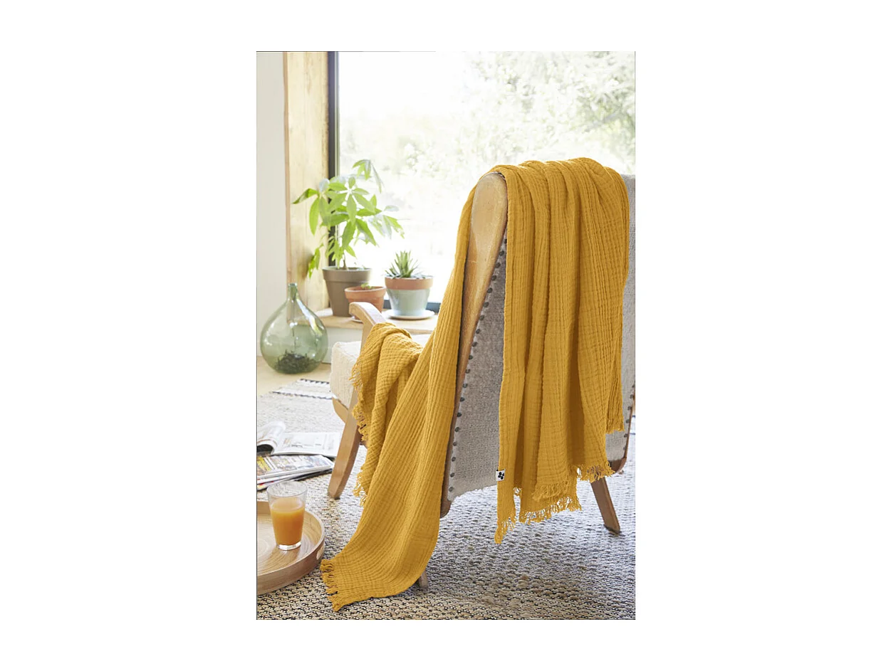 Plaid 130 x 160 cm en quadruple gaze de coton jaune - PEPA 1