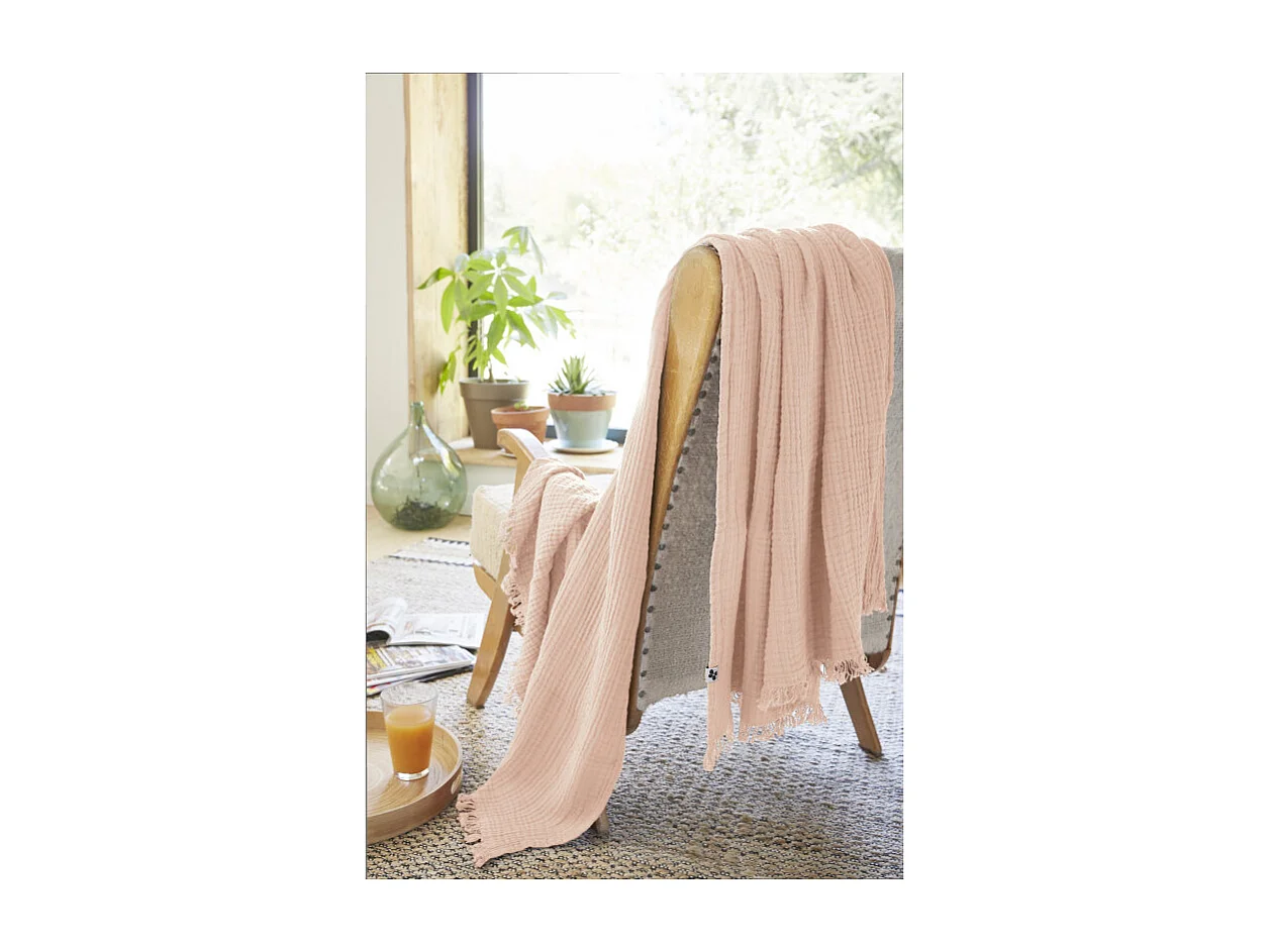 Plaid 130 x 160 cm en quadruple gaze de coton rose - PEPA 1