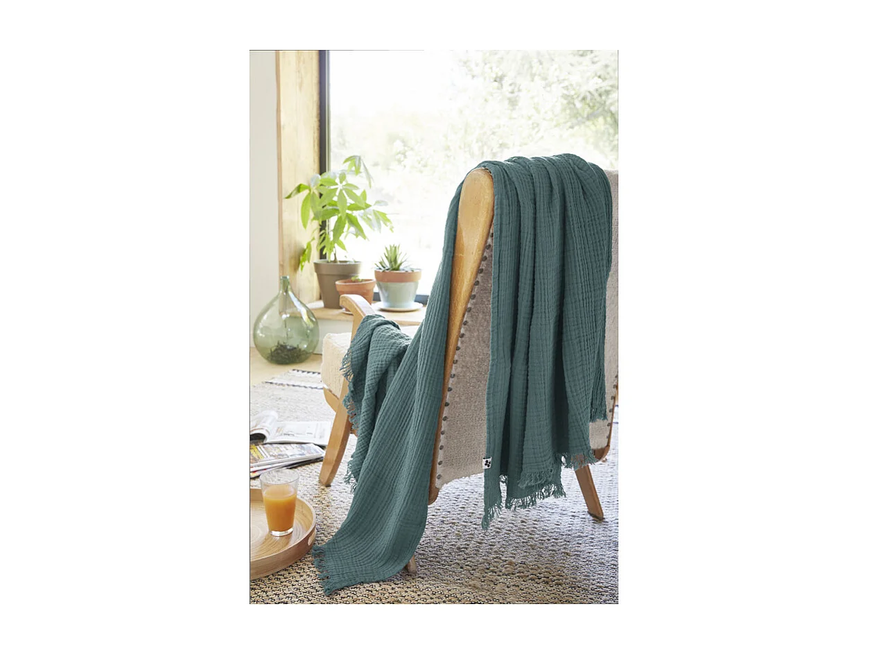 Plaid 130 x 160 cm en quadruple gaze de coton bleu canard - PEPA 1