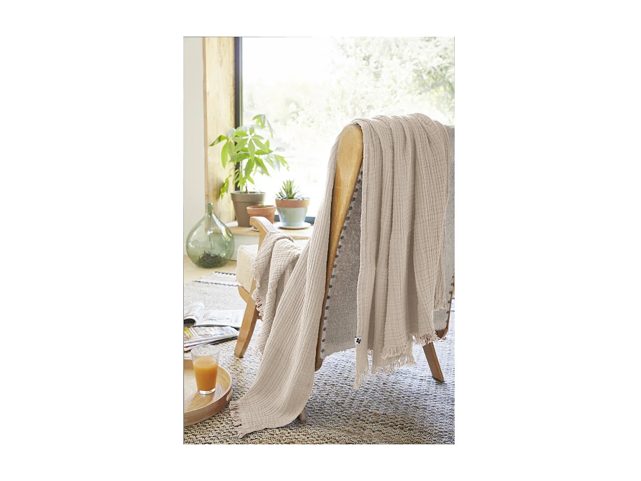 Plaid 180 x 220 cm en quadruple gaze de coton écru - PEPA 2