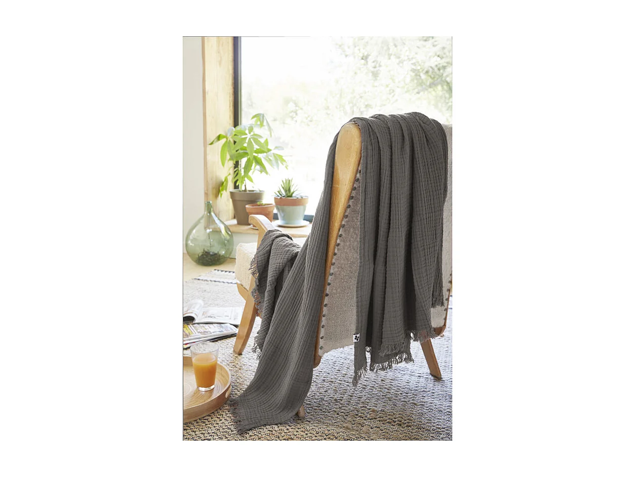 Plaid 130 x 160 cm en quadruple gaze de coton gris - PEPA 1