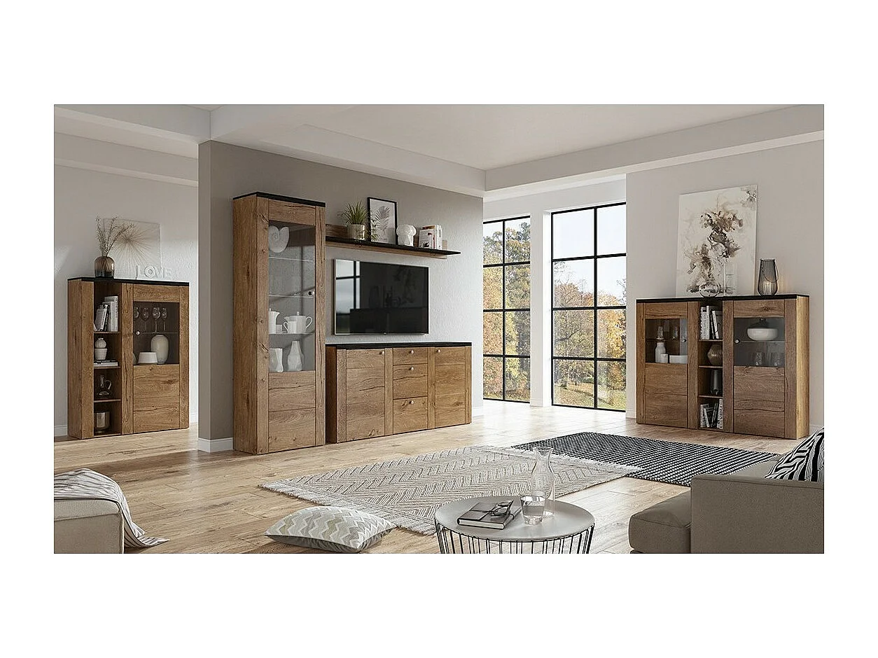 Vitrine haute design 1 porte collection SANTIAGO. Coloris chêne et noir effet bois