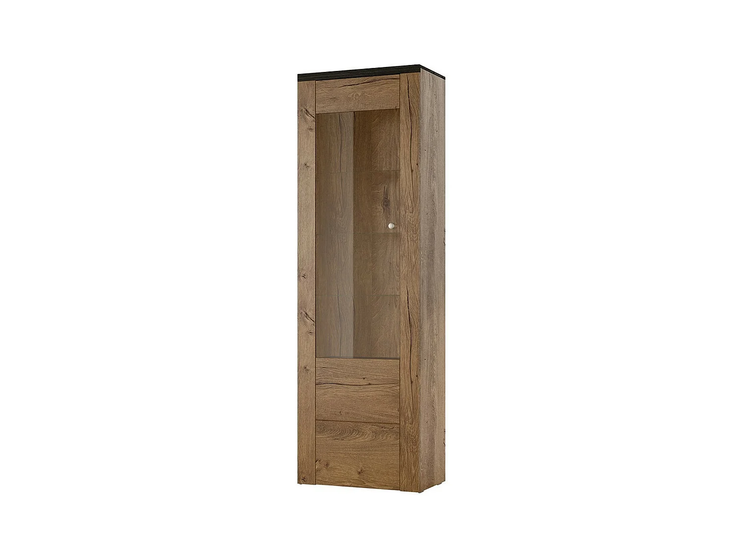 Hoge design vitrinekast met 1 deur uit de collectie SANTIAGO. Kleur eiken en zwart met houteffect.
