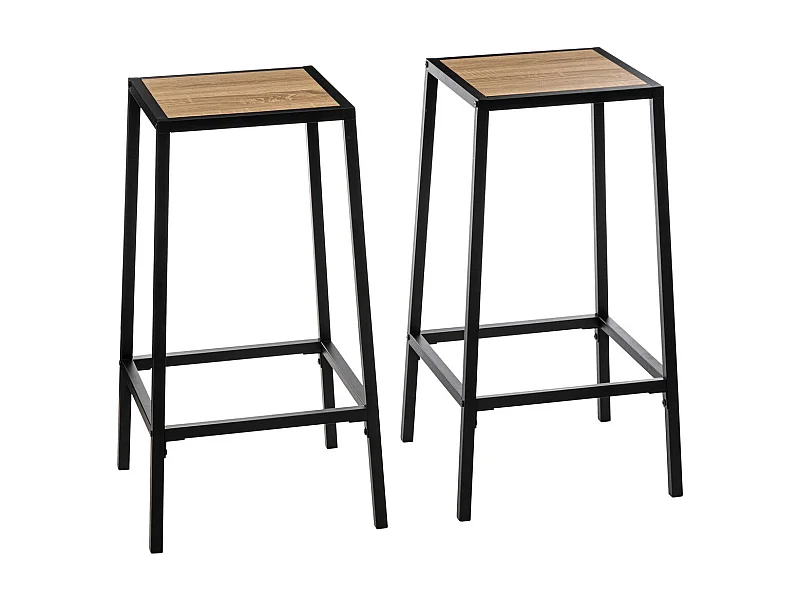 Lot de 2 Tabourets de Bar en métal Noir et assise en Bois