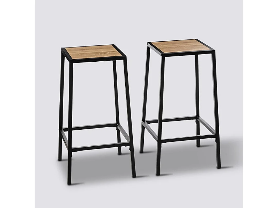 Lot de 2 Tabourets de Bar en métal Noir et assise en Bois