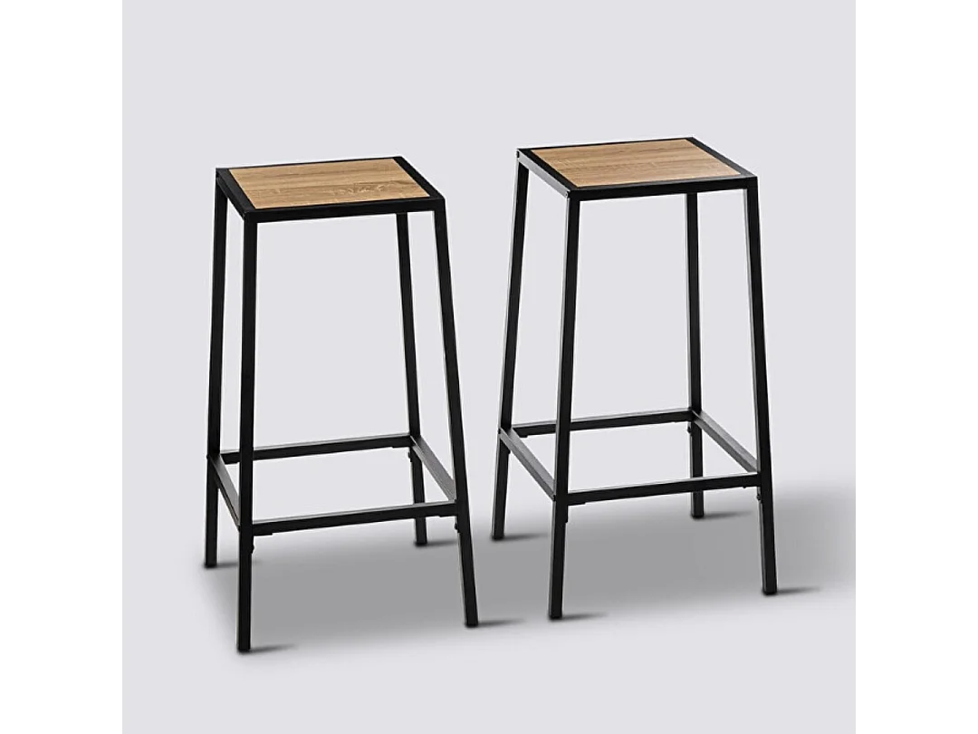 Lot de 2 Tabourets de Bar en métal Noir et assise en Bois