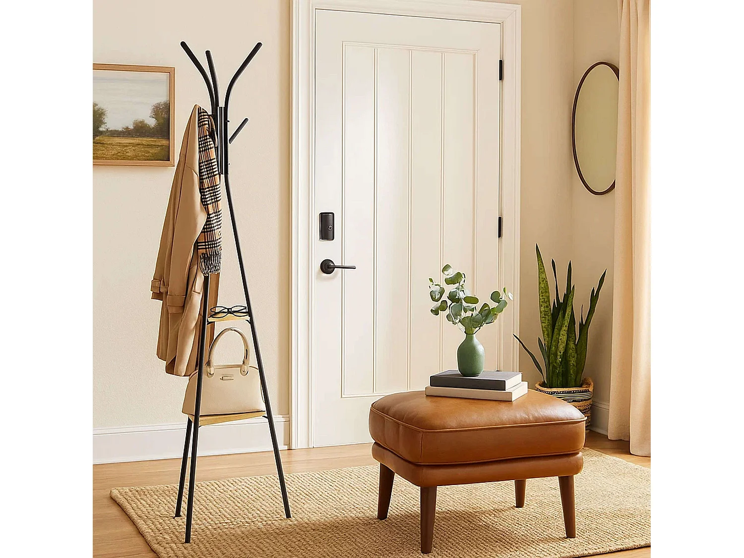 Porte-manteaux 6 Patères avec étagères en métal et bois  H 175 cm