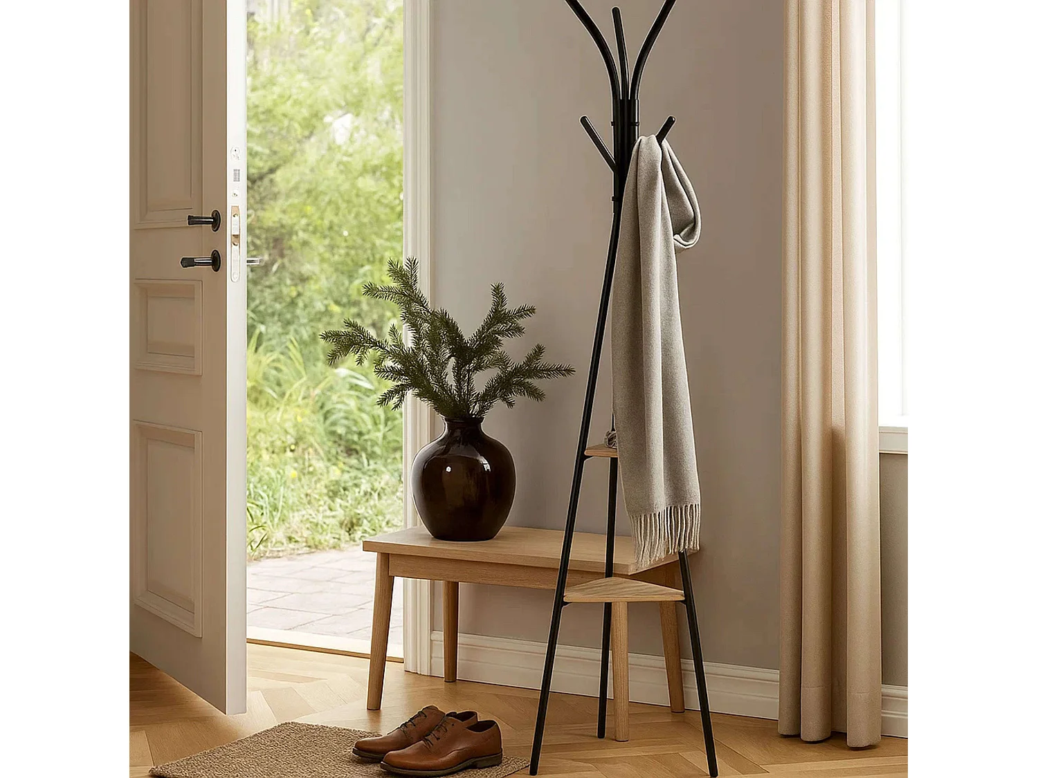 Perchero de Pie Jano 6 colg. 2 Estantes Estilo Industrial Negro 175 cm