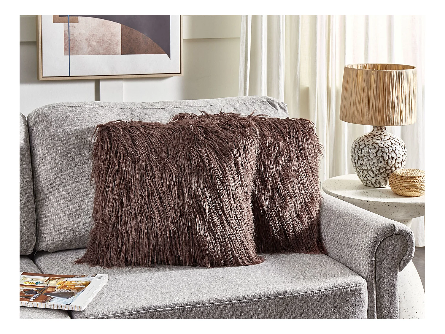 Lot de 2 coussins décoratifs COROKIA Fourrure synthétique 45 x 45 cm Marron Unicolore