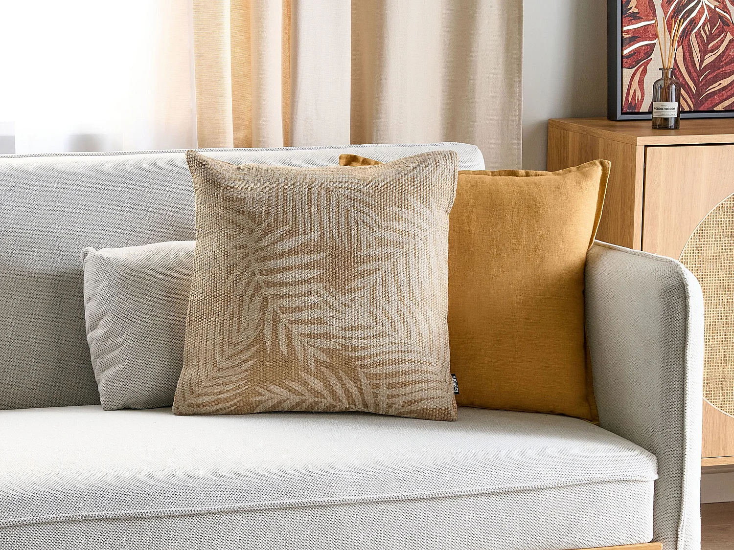 Poduszka dekoracyjna RUBUS Juta 45 x 45 cm Beżowy Wzór roślinny