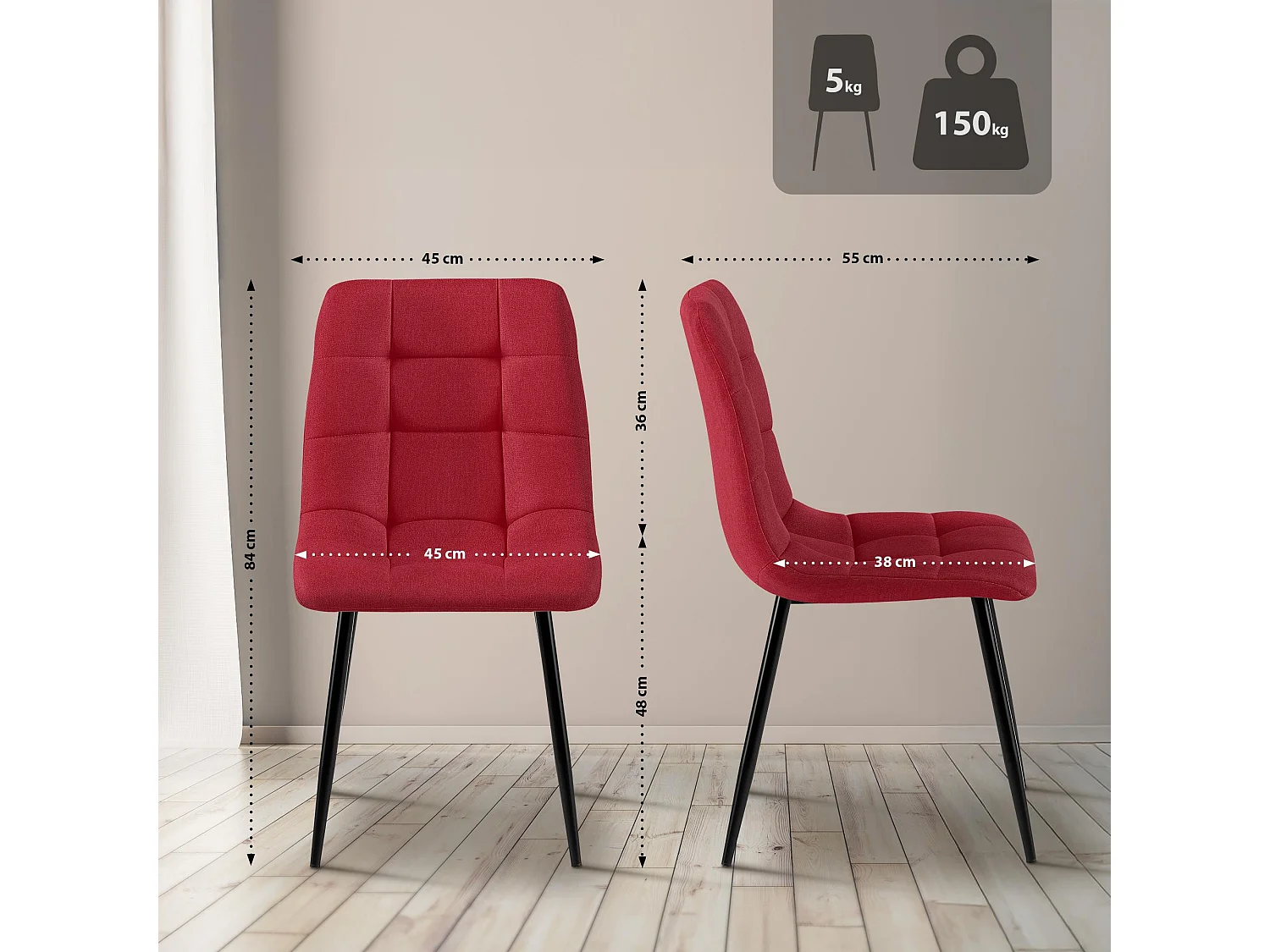 chaise salle à manger - Tissu & Noir - Rouge - Antibes