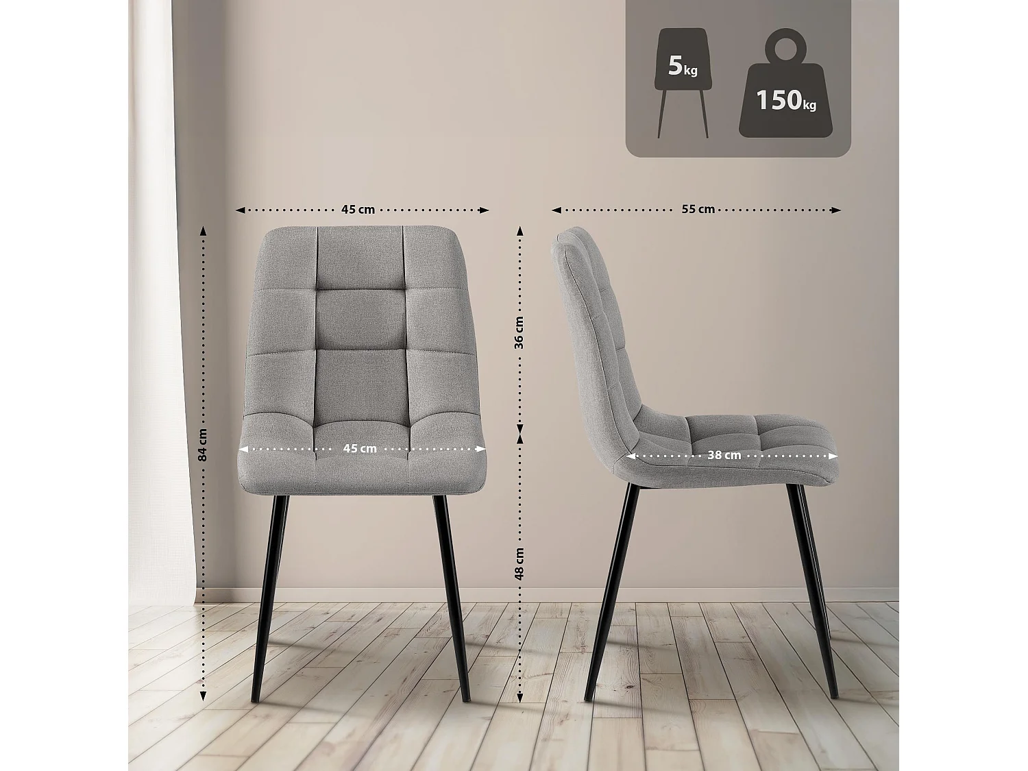 Eetkamerstoelen - Stof & zwart - licht grijs - Antibes