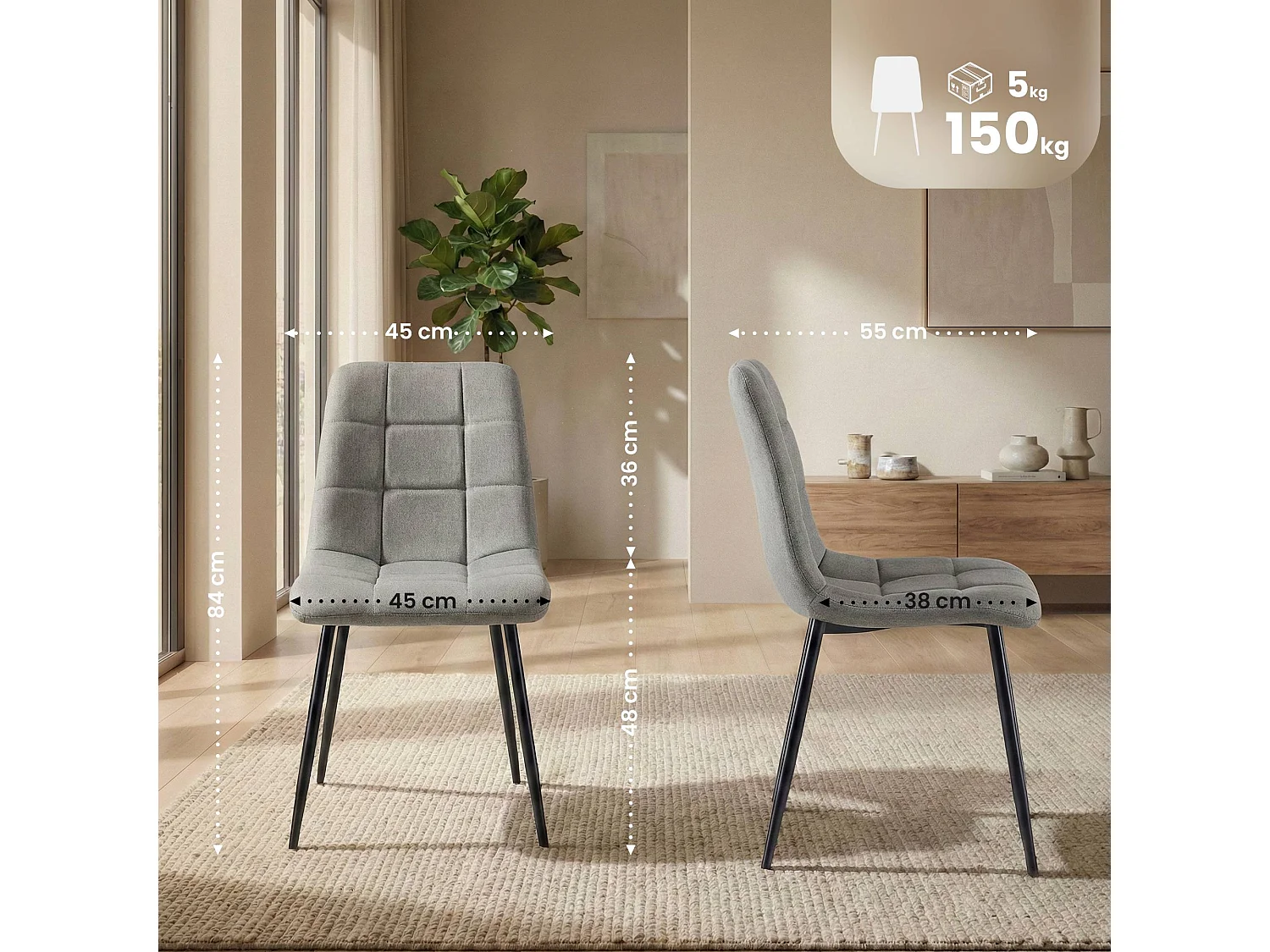 chaise salle à manger - Tissu & Noir - Gris clair - Antibes