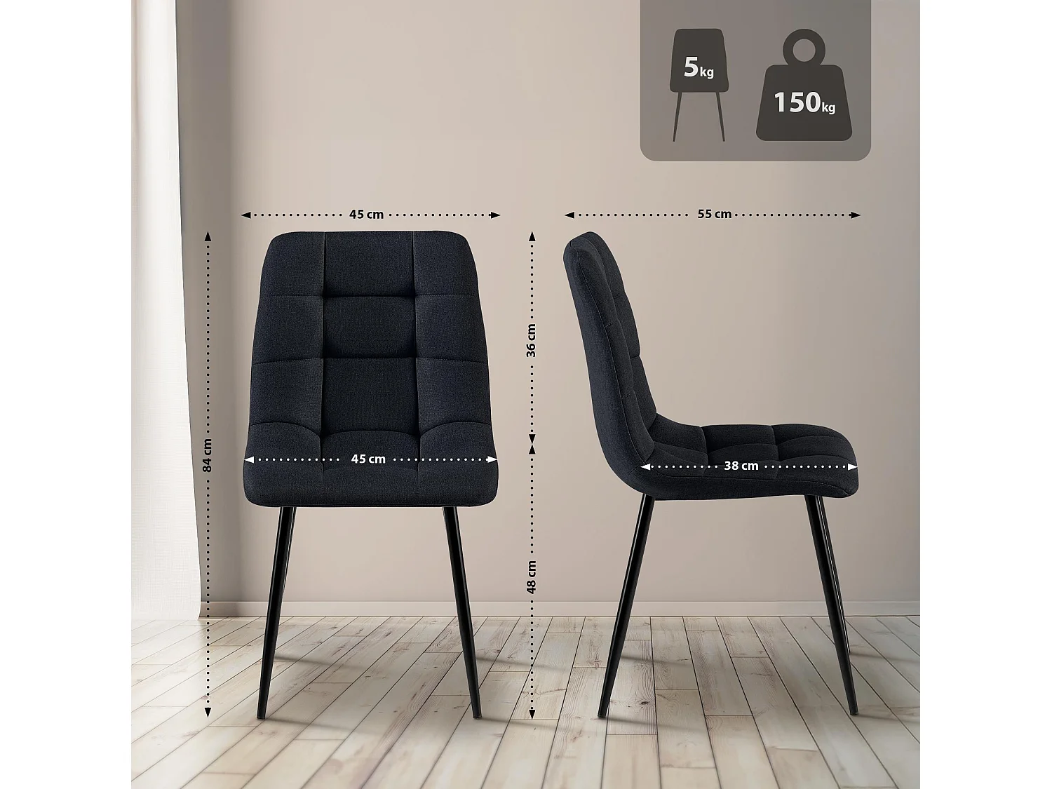 chaise salle à manger - Tissu & Noir - Noir - Antibes