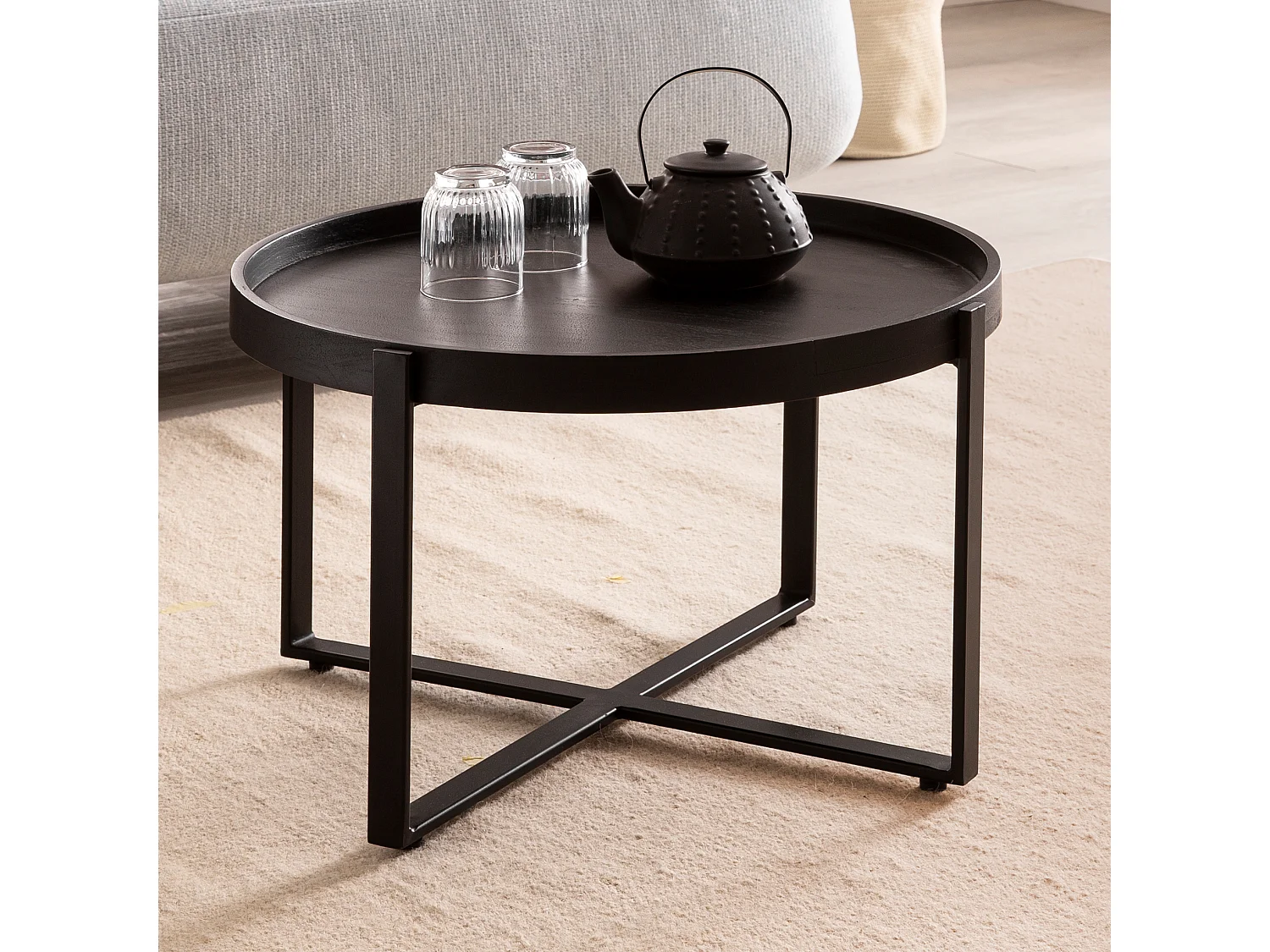 Table Basse Ronde Bois Massif Métal 60x60x35 cm Table Salon Moderne