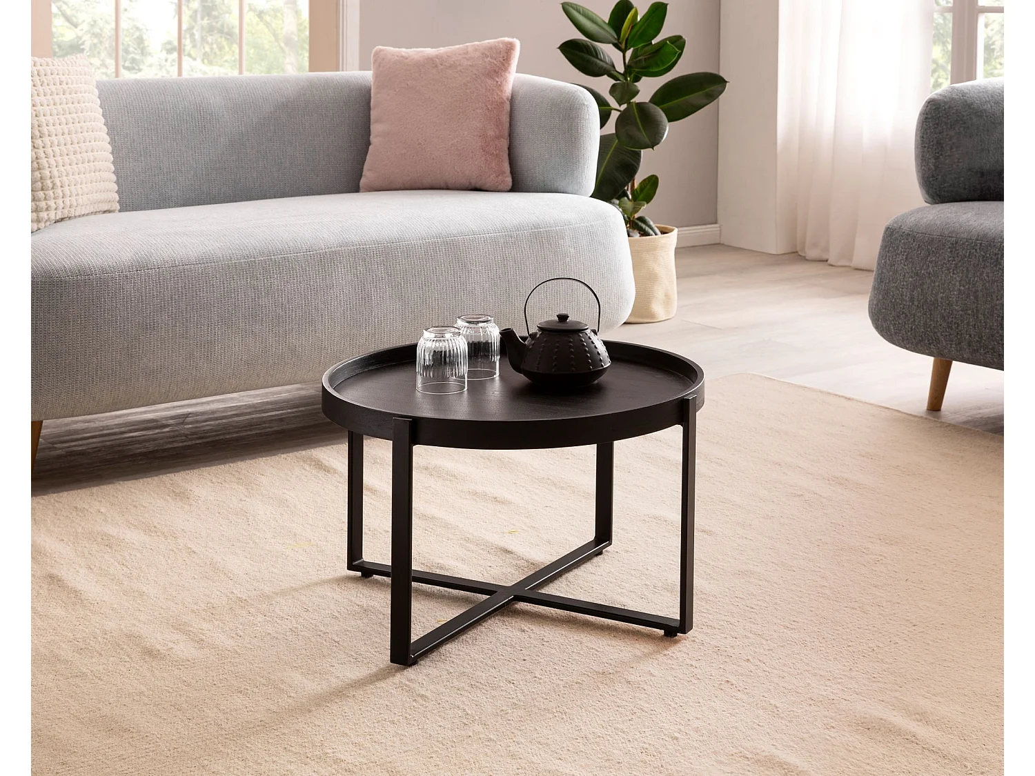 Table Basse Ronde Bois Massif Métal 60x60x35 cm Table Salon Moderne