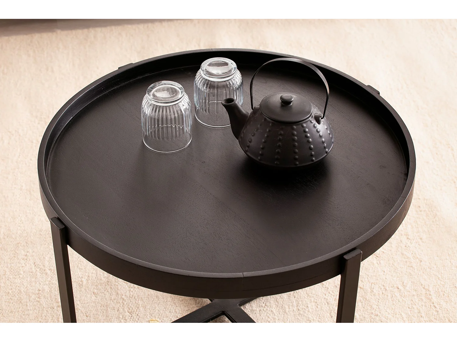 Table Basse Ronde Bois Massif Métal 60x60x35 cm Table Salon Moderne