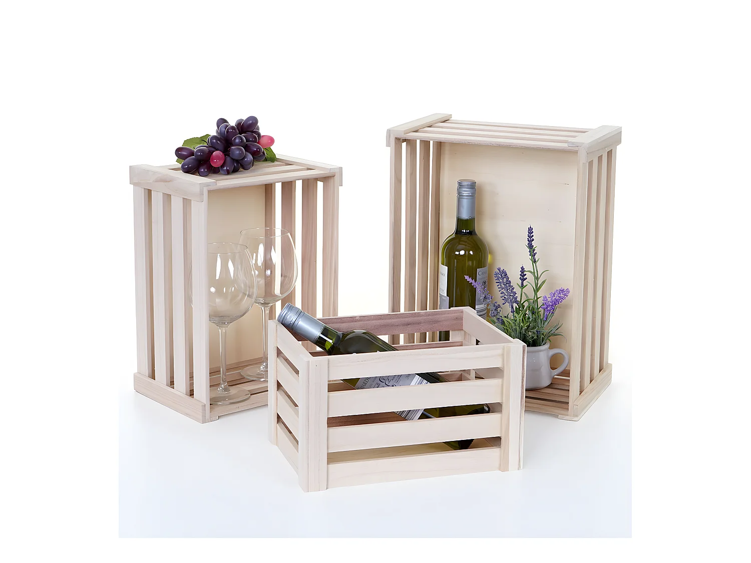 Set 3x casse decorative multiuso cucina shabby vintage MCW-C56 legno paulonia naturale