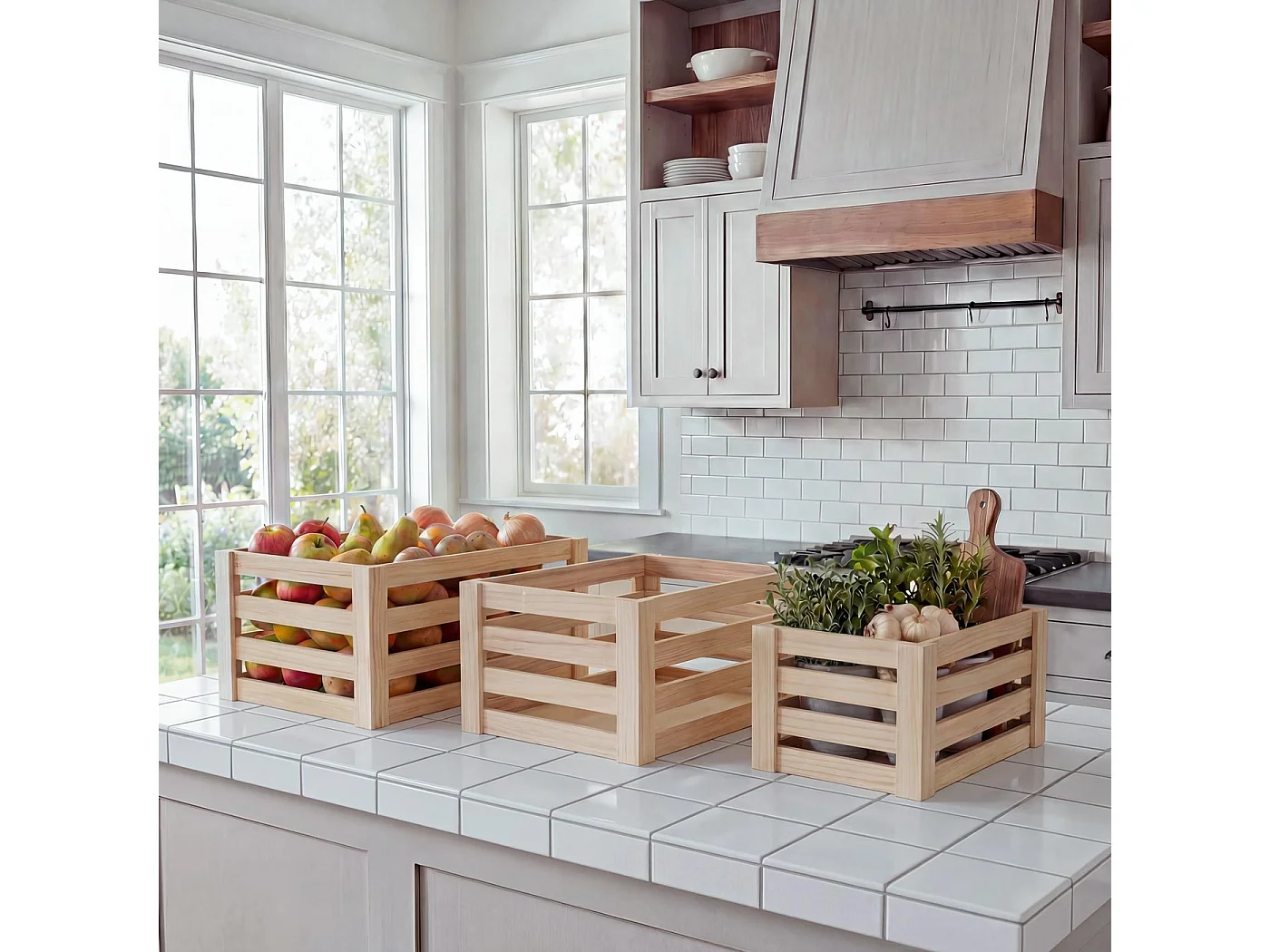 Caisse en bois MCW-C56 (set de 3),  couleur naturelle, shabby