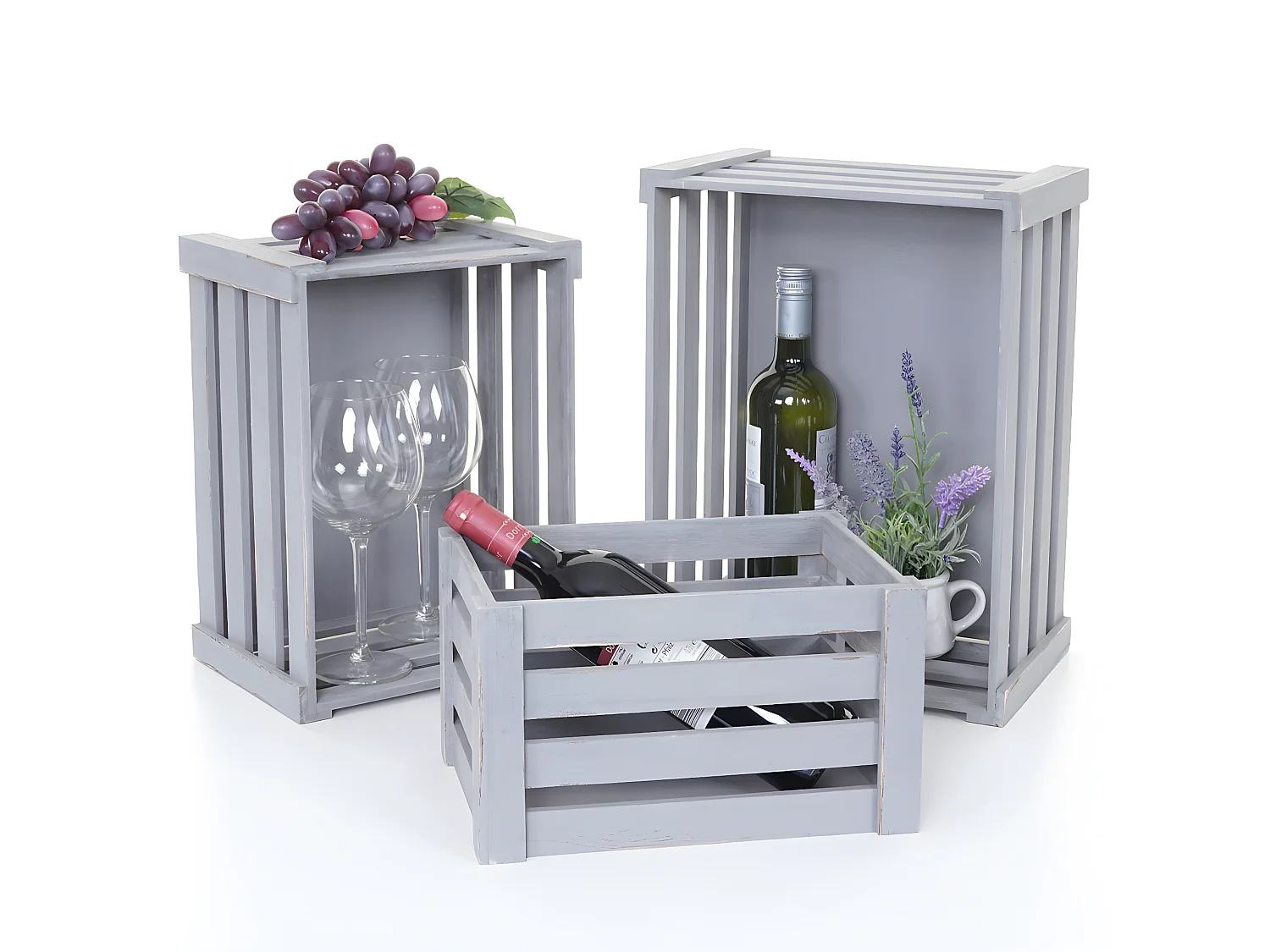 Houten kist MCW-C56 (set van 3),  grijs, shabby