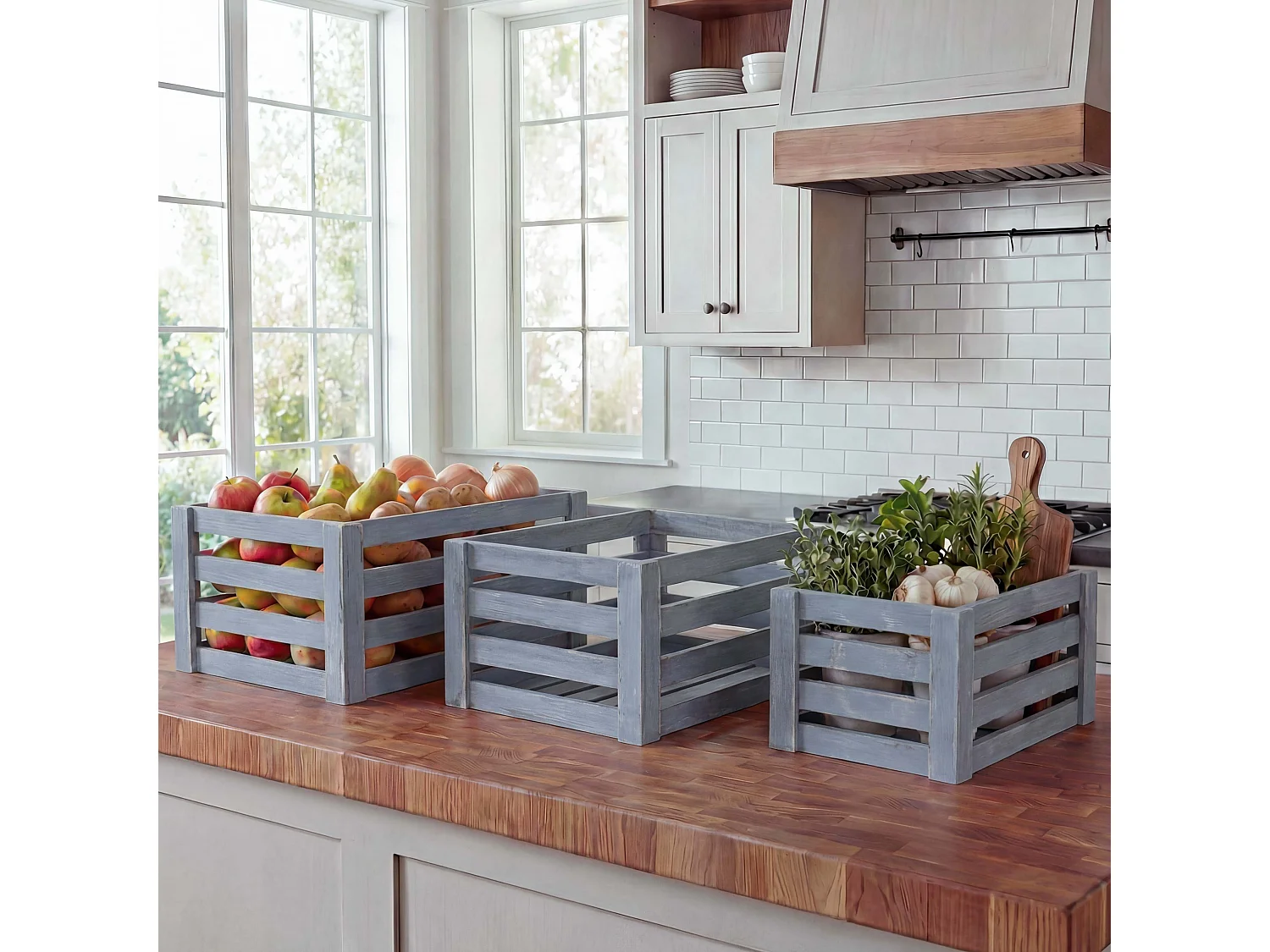 Holzkiste MCW-C56 (3er-Set), Grau, shabby