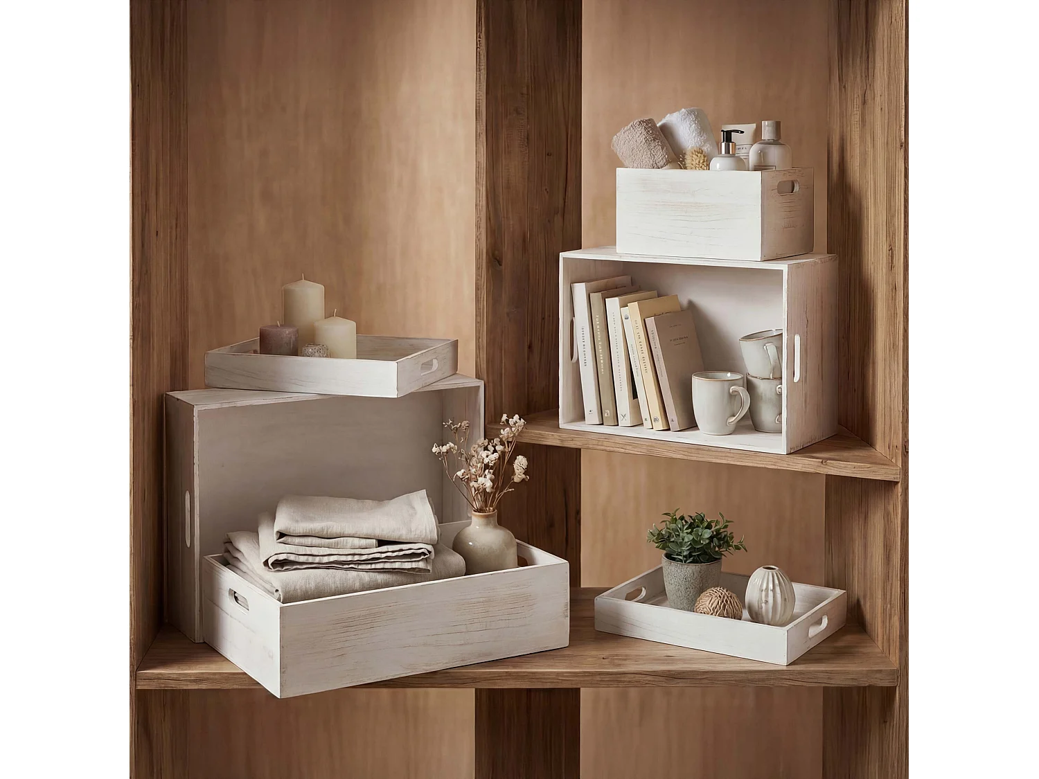 Pudełko drewniane MCW-C20 (zestaw 6 sztuk),  białe shabby