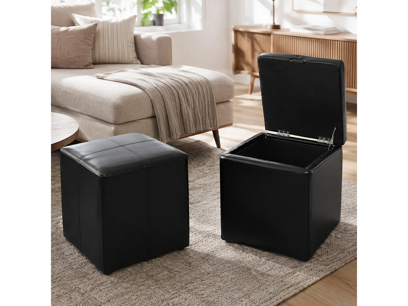 Set poggiapiedi con pouf contenitore sgabello elegante Onex pelle rivestita nero
