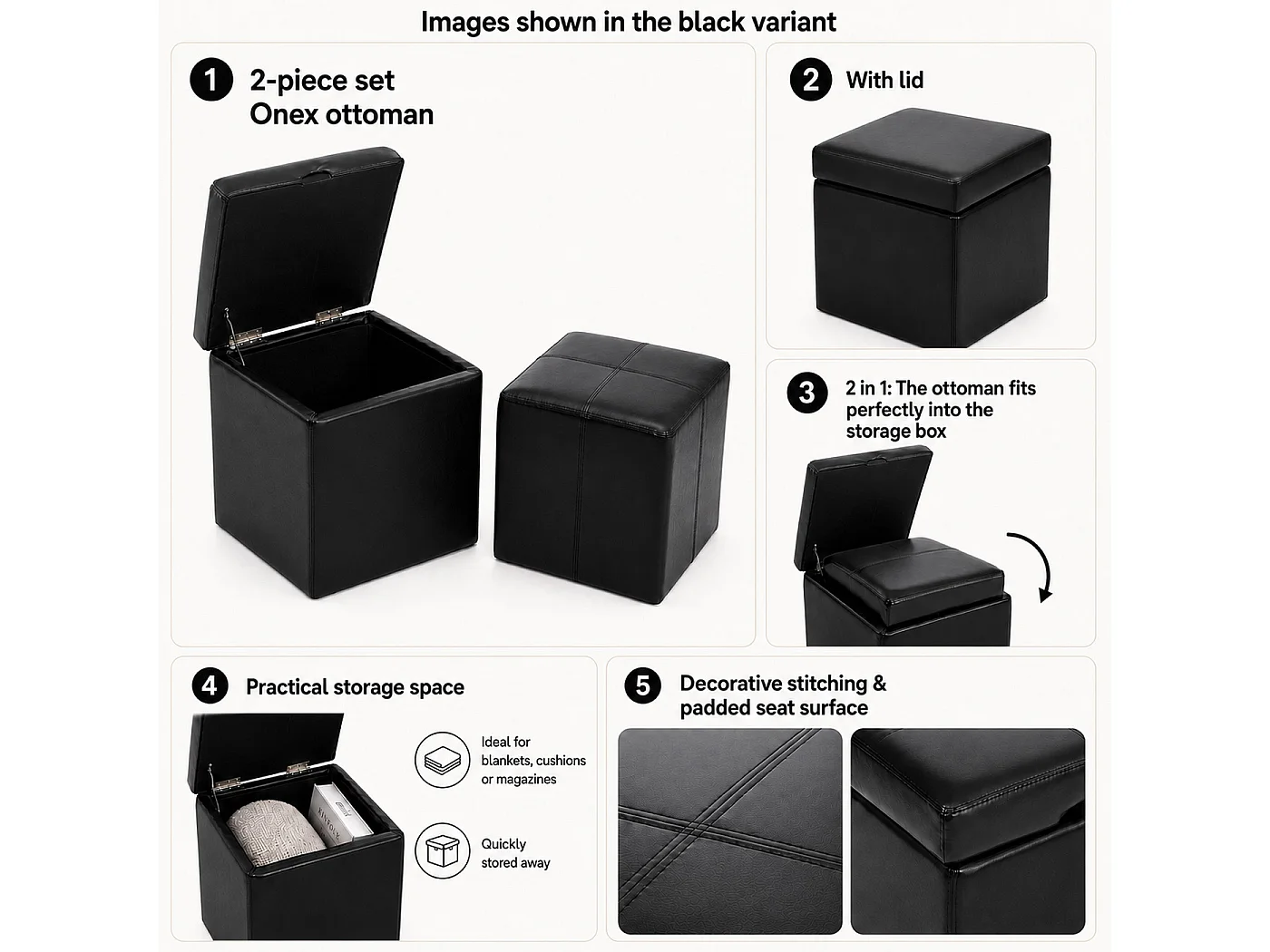 Set poggiapiedi con pouf contenitore sgabello elegante Onex pelle rivestita nero