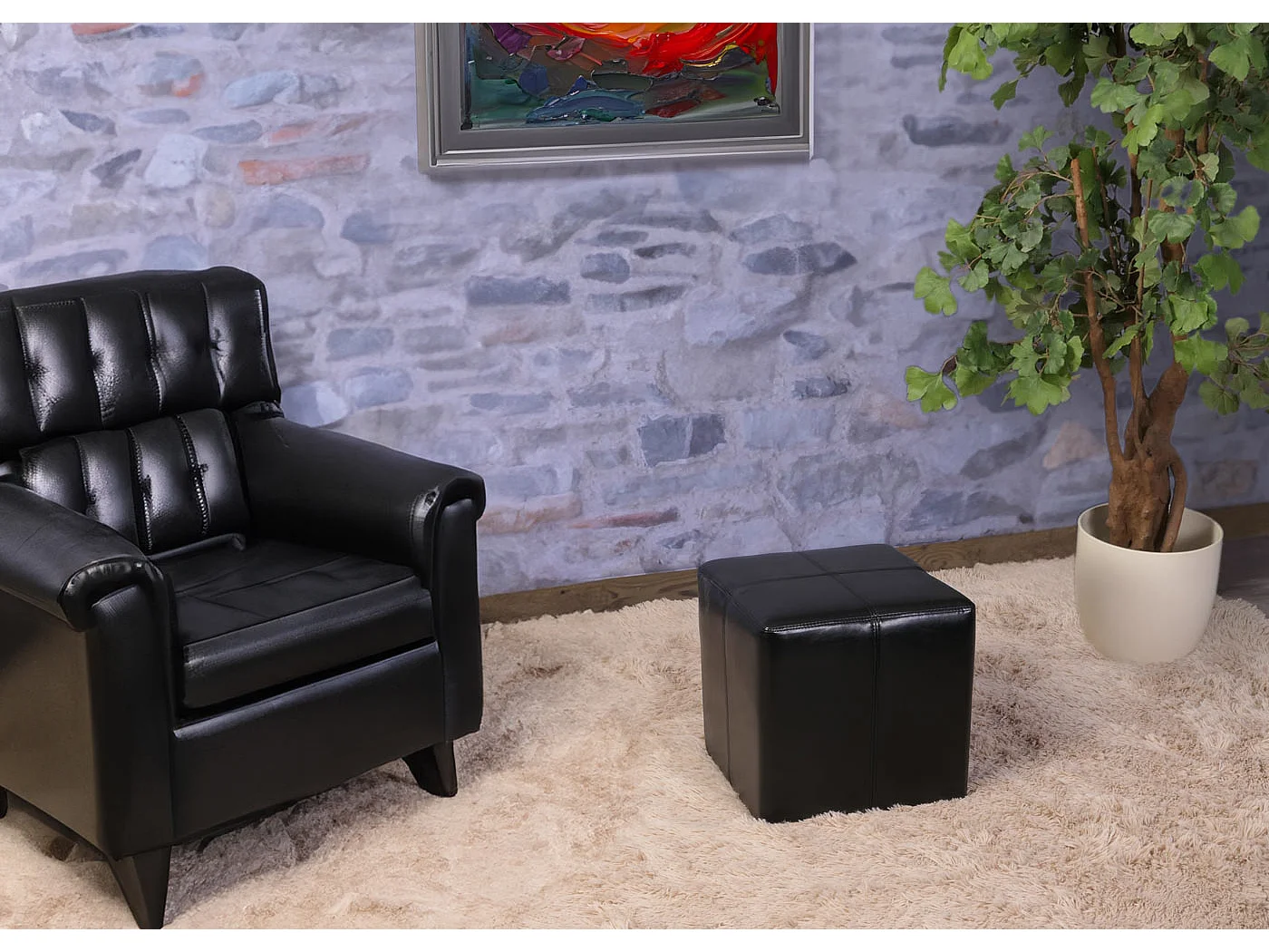 Pouf Carrara, Pouf dé, tabouret Onex, cuir, 36x36x36cm, noir