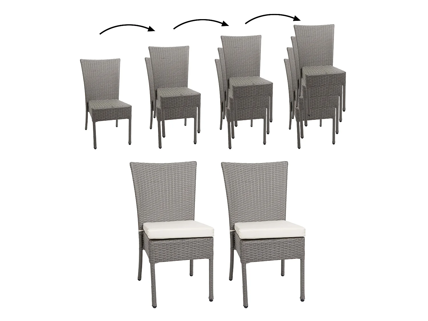 Poly-rattan stoel MCW-G19 (set van 2),  grijs, crèmekleurige kussens