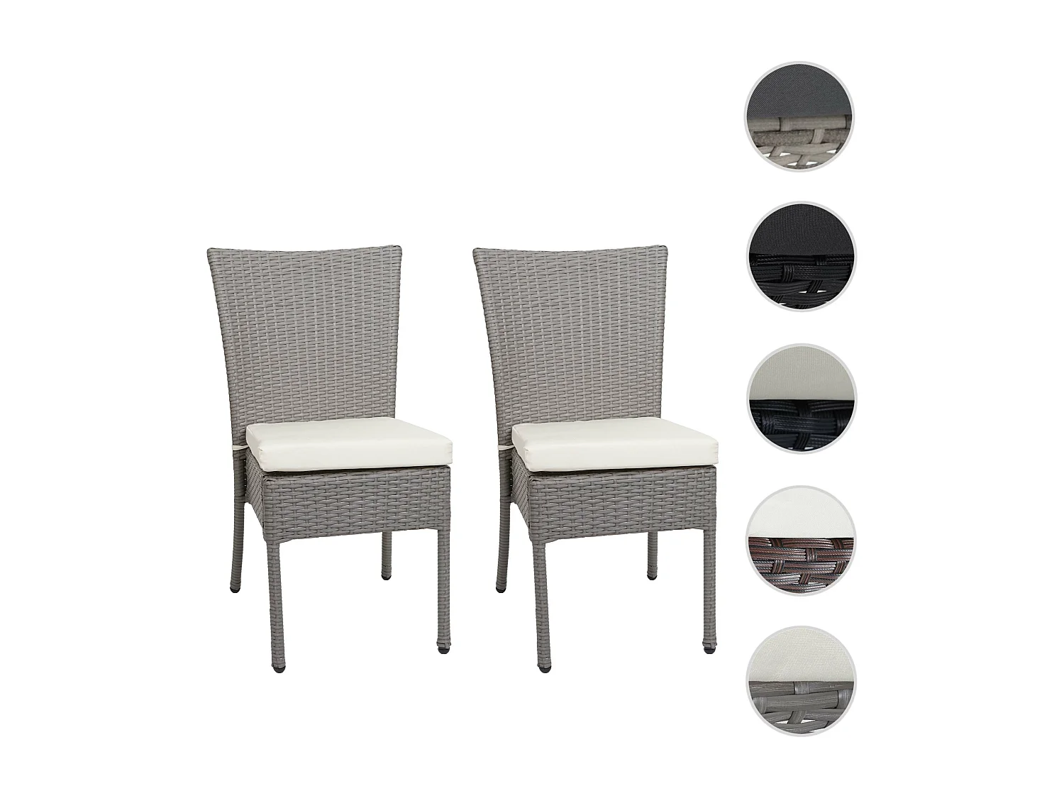 Poly-rattan stoel MCW-G19 (set van 2),  grijs, crèmekleurige kussens