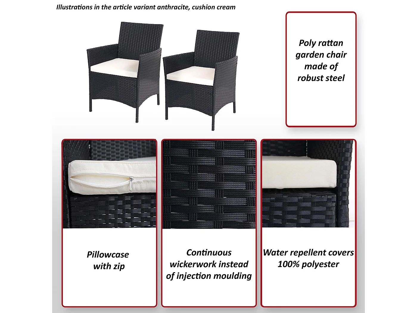 Poly-Rattan Sessel Halden (2er-Set), Grau, Kissen creme